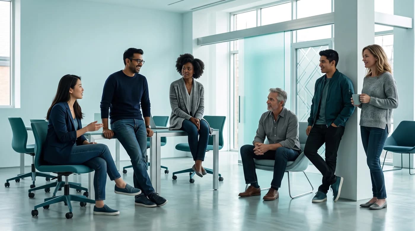 Synthetic workplace design placeholder, not the actual FoxQuan team